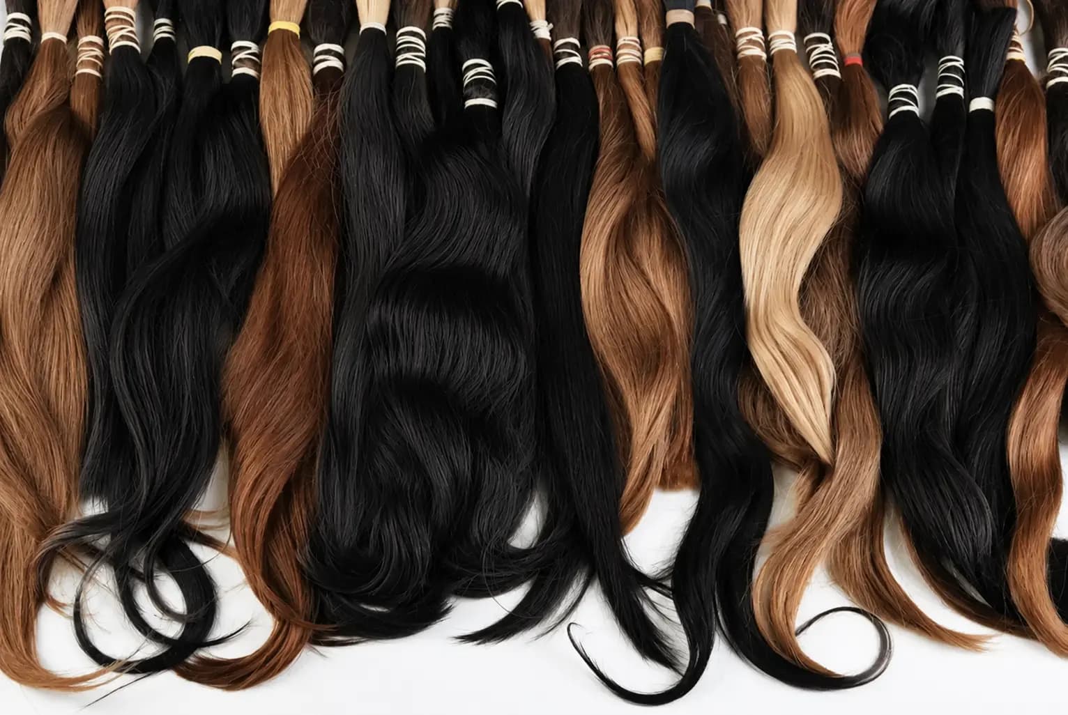 Selected Remy hair bundles arranged by shade