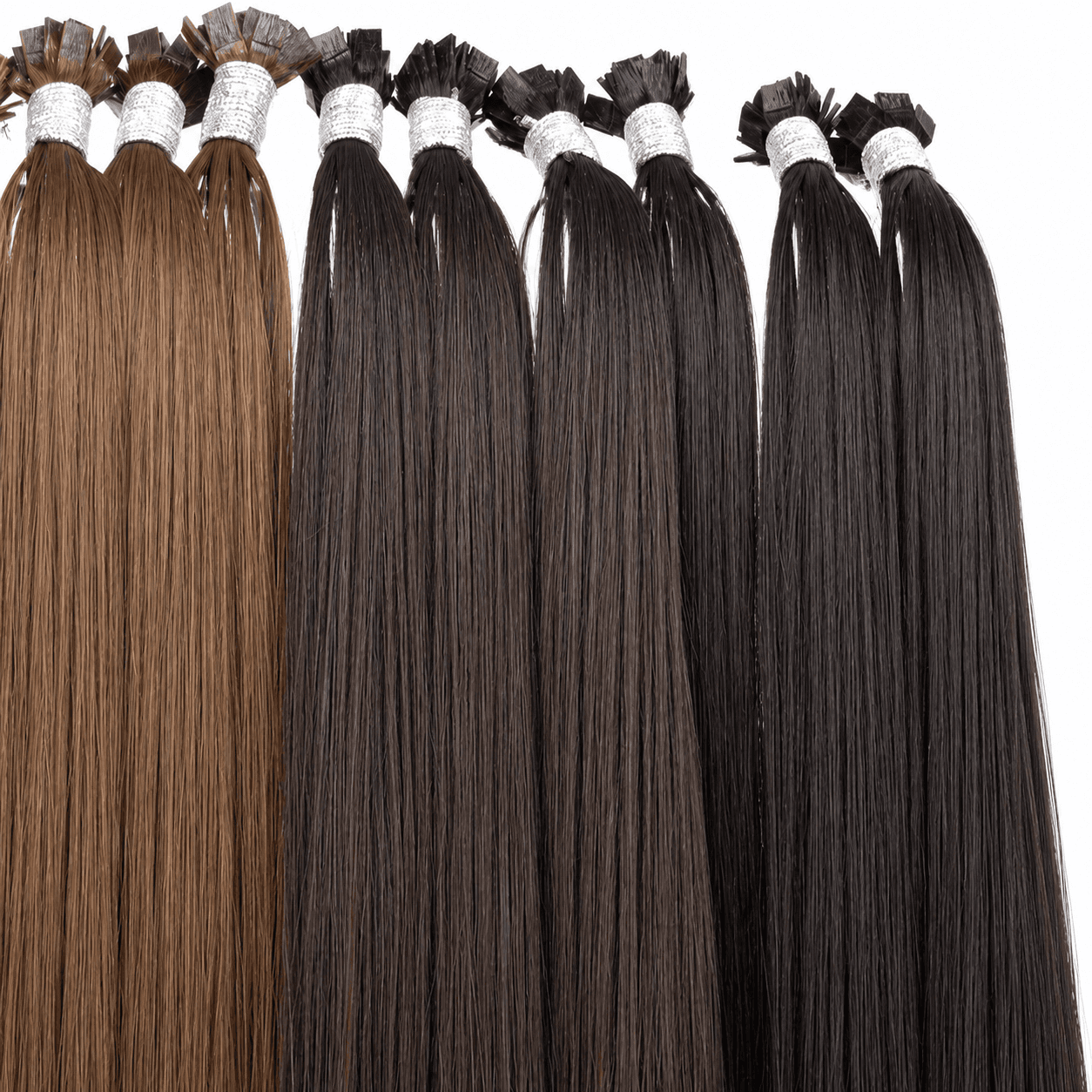 Hair extension color samples arranged from brown to black