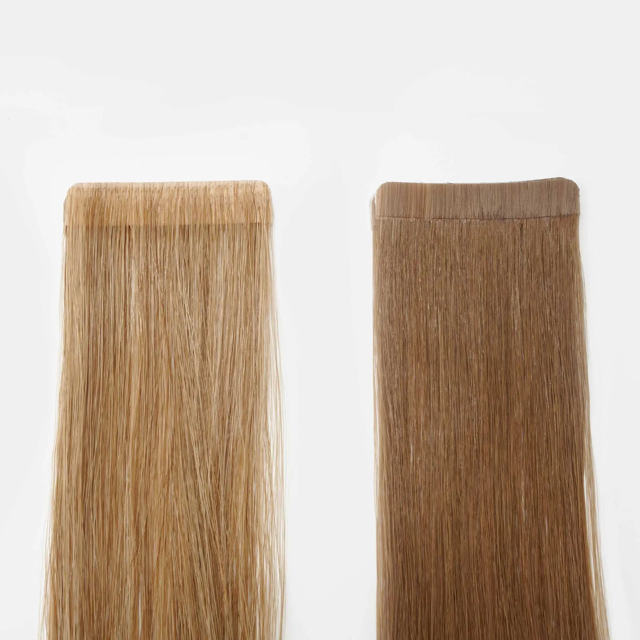 Rows of hair extension product samples under QC light