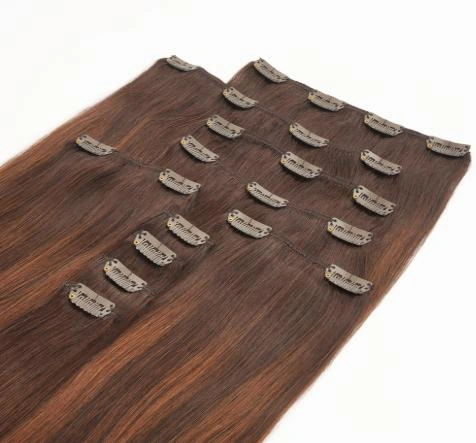 Clip-in hair extensions with secure clips for quick, temporary styling and natural-looking length and volume.
