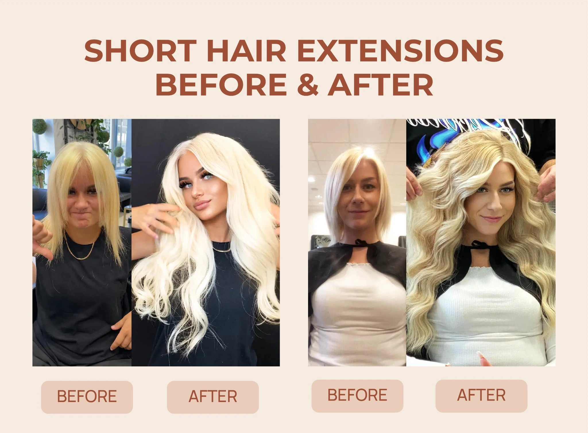 Short hair extensions before and after comparison showing blonde hair transformed with added length and volume.