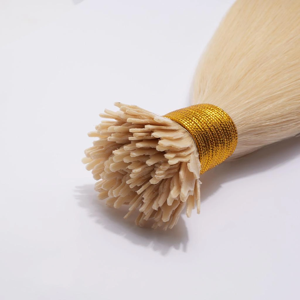 Blonde Y-Tip human hair extensions with Y-shaped tips for micro bead salon installation