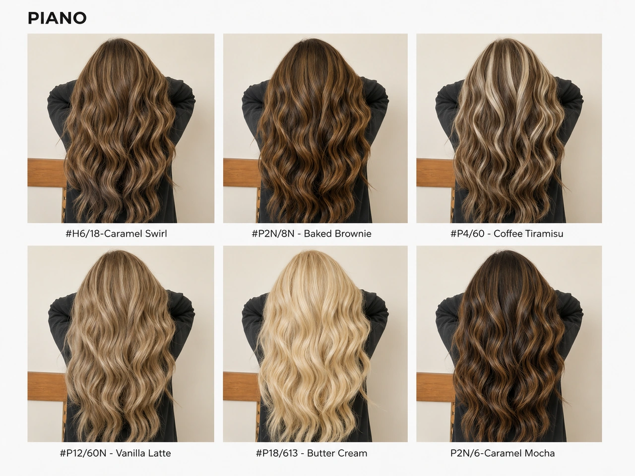 Piano hair extensions wearing effect chart showing #H6/18 Caramel Swirl, #P2N/8N Baked Brownie, #P4/60 Coffee Tiramisu, #P12/60N Vanilla Latte, #P18/613 Butter Cream, and #P2N/6 Caramel Mocha on long wavy hair for salon highlight color matching.