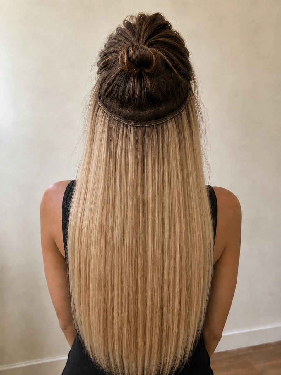 Back view of long blonde weft hair extensions installed in rows, showing a salon example for hair extension weight and slipping risk.