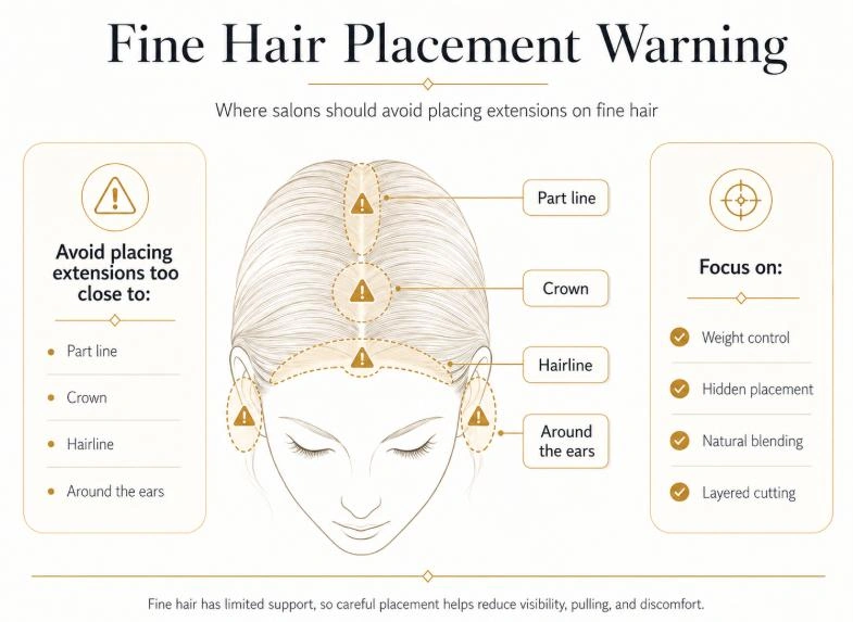 Fine hair extension placement warning for salons showing areas to avoid, including the part line, crown, hairline and around the ears, with tips on weight control, hidden placement, natural blending and layered cutting.