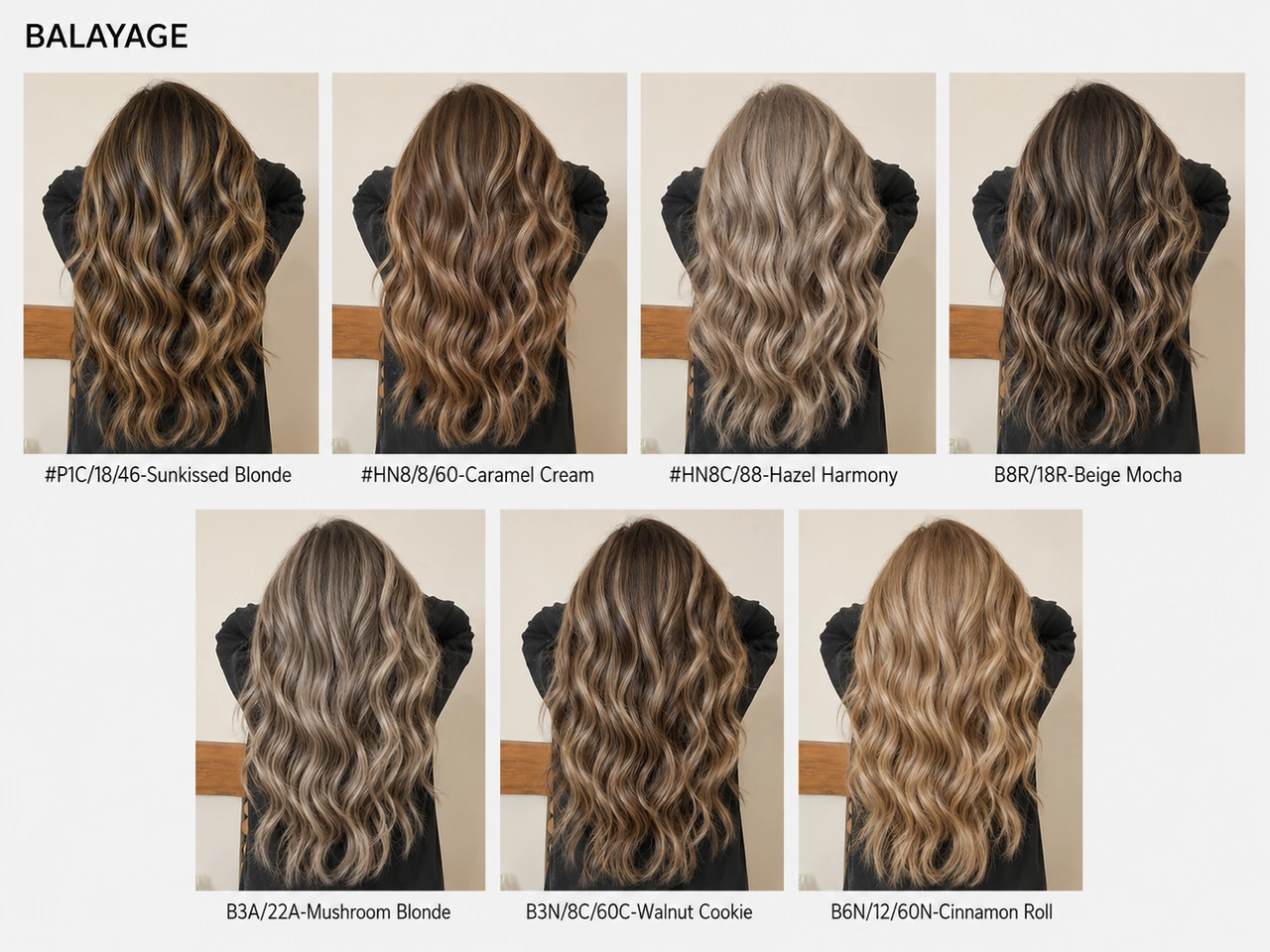 Balayage hair extensions wearing effect chart showing #P1C/18/46 Sunkissed Blonde, #HN8/8/60 Caramel Cream, #HN8C/88 Hazel Harmony, B8R/18R Beige Mocha, B3A/22A Mushroom Blonde, B3N/8C/60C Walnut Cookie, and B6N/12/60N Cinnamon Roll on long wavy hair for salon color matching.