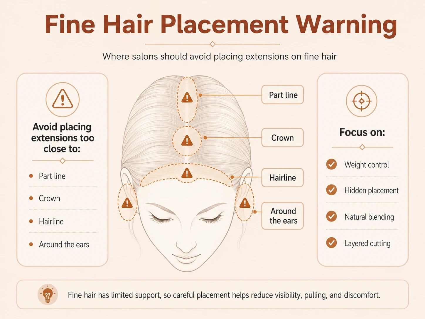 fine-hair-placement-warning.jpg" alt="Fine hair extension placement warning for salons showing areas to avoid, including the part line, crown, hairline and around the ears, with tips on weight control, hidden placement, natural blending and layered cutting.