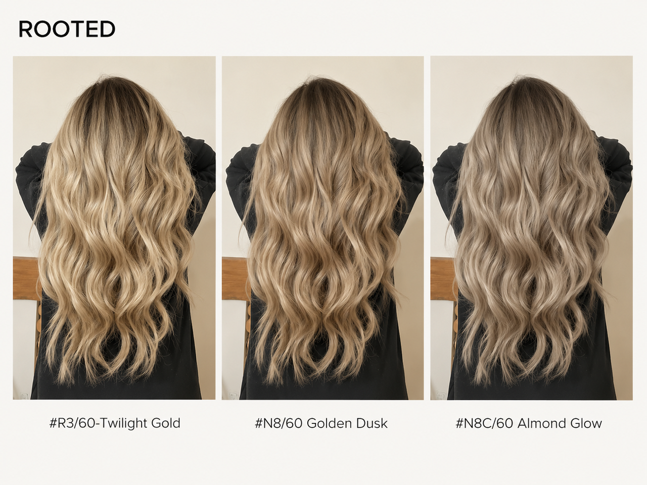 Rooted blonde hair extensions wearing effect chart showing #R3/60 Twilight Gold, #N8/60 Golden Dusk, and #N8C/60 Almond Glow on long wavy hair with darker root contrast and light blonde ends for salon color matching.