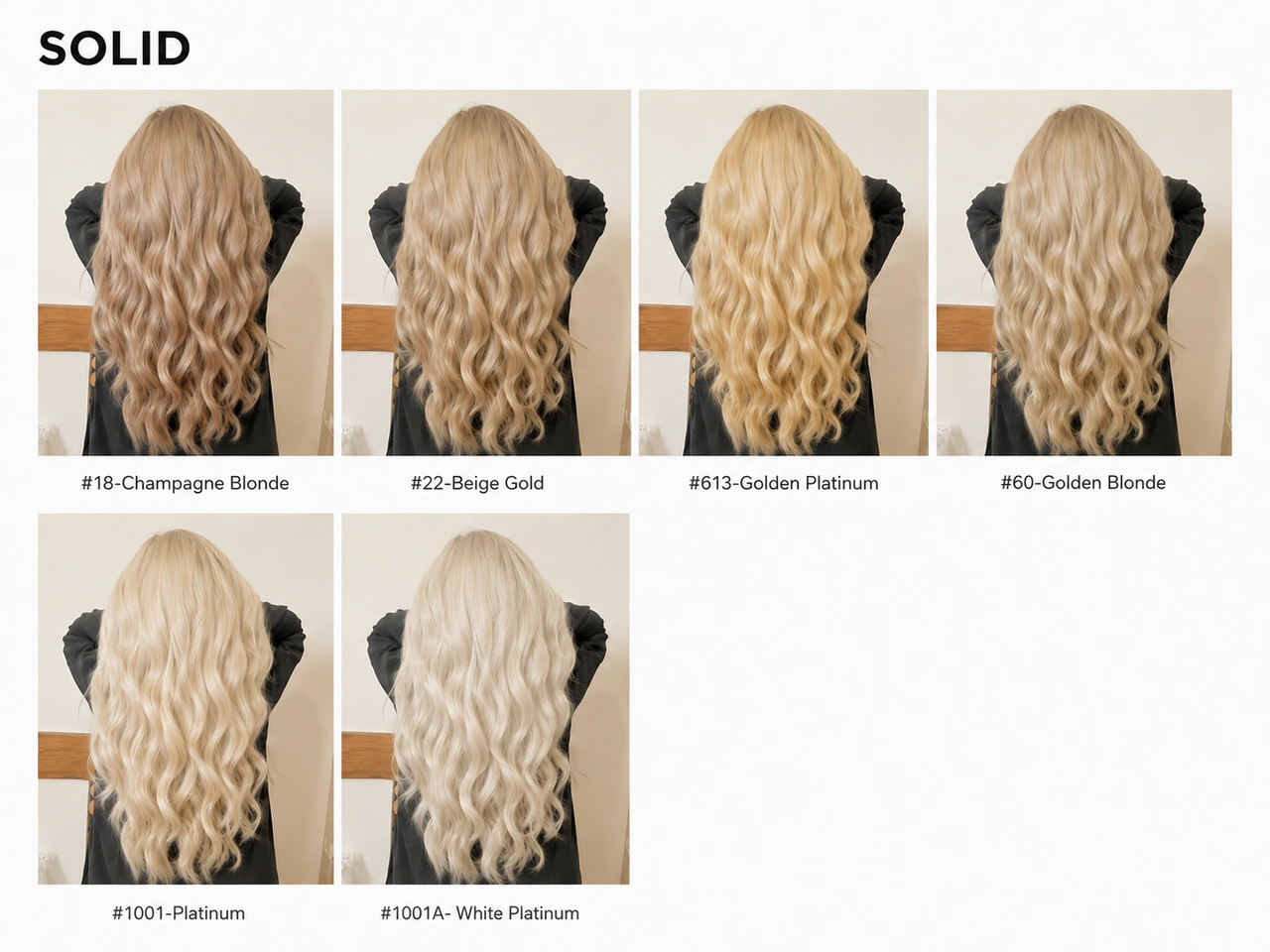 Solid blonde hair extensions wearing effect chart showing #18 Champagne Blonde, #22 Beige Gold, #613 Golden Platinum, #60 Golden Blonde, #1001 Platinum, and #1001A White Platinum on long wavy hair for salon color matching.