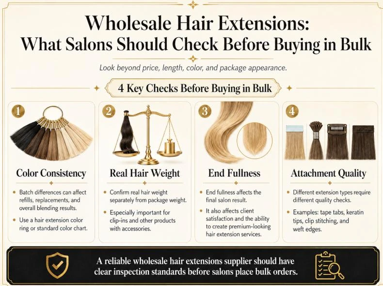 Wholesale hair extensions quality check infographic for salons, covering four key checks before buying in bulk: color consistency, real hair weight, end fullness, and attachment quality.