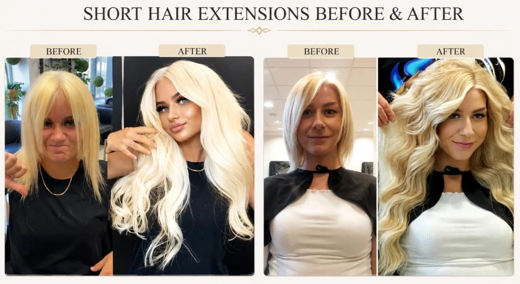 Short hair extensions before and after comparison showing blonde hair transformed with added length and volume