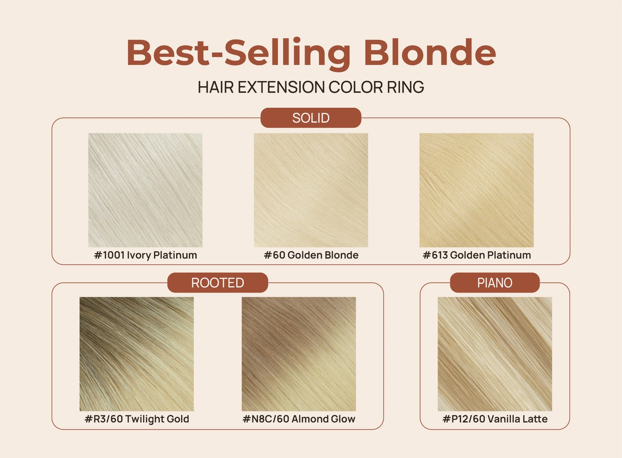 Best-selling blonde hair extension color featuring solid, rooted, and piano shades including Ivory Platinum, Golden Blonde, Golden Platinum, Vanilla Latte, Twilight Gold, and Almond Glow for salon color matching.