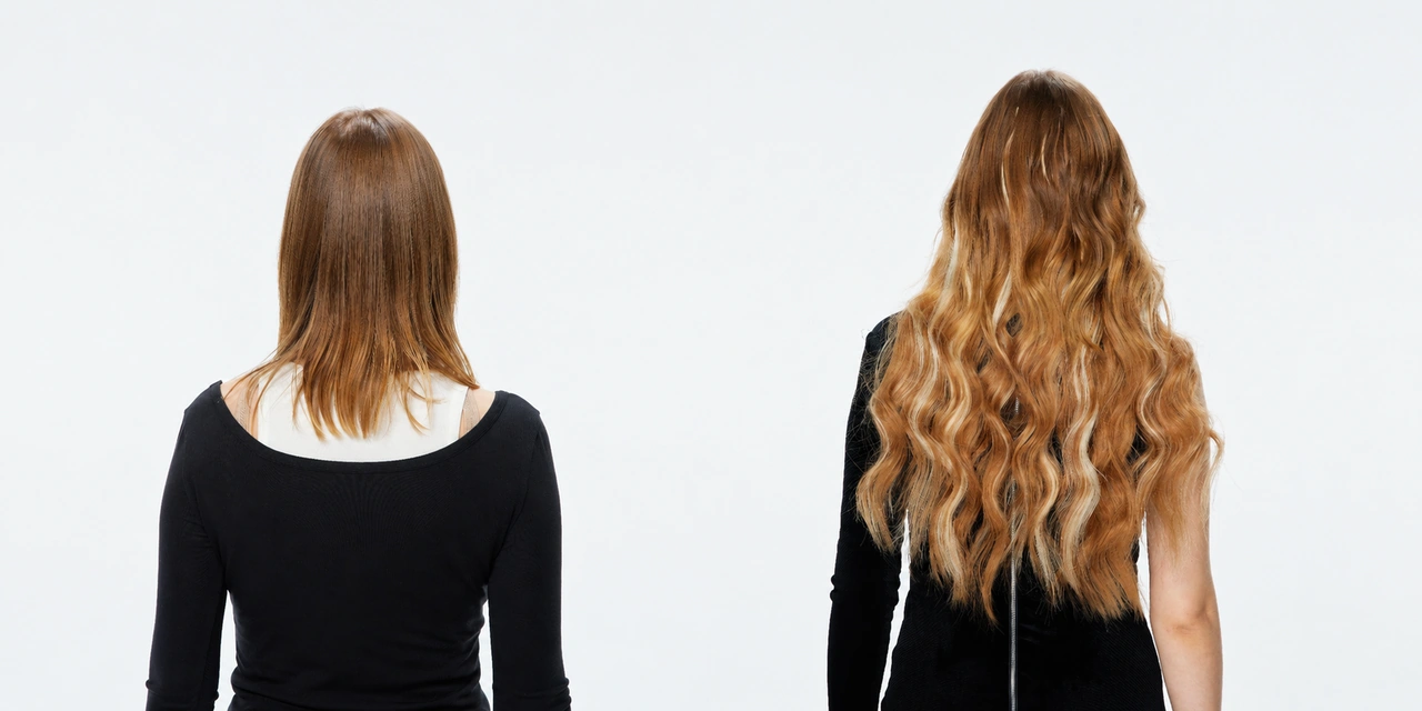 Genius Weft hair extensions before and after on short brown hair showing natural length, volume, and wavy blending
