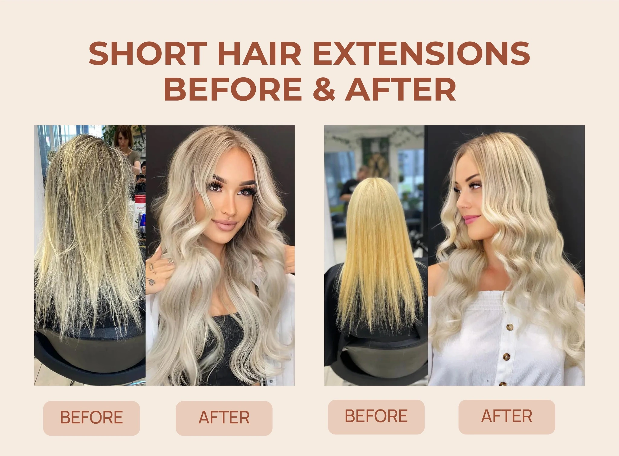 your-image-url.jpg" alt="Blonde hair extension before-and-after salon makeovers featuring ESSMEI #1001 Ivory Platinum and #60 Golden Blonde shades for added length and volume.
