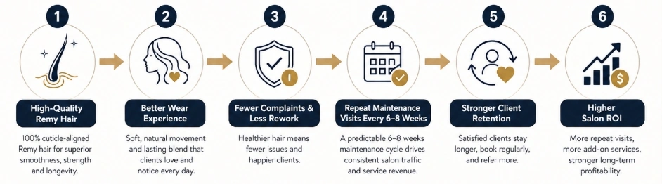 High-quality Remy hair helps salons deliver a better wear experience, reduce complaints and rework, encourage 6–8 week maintenance visits, improve client retention, and increase salon ROI.
