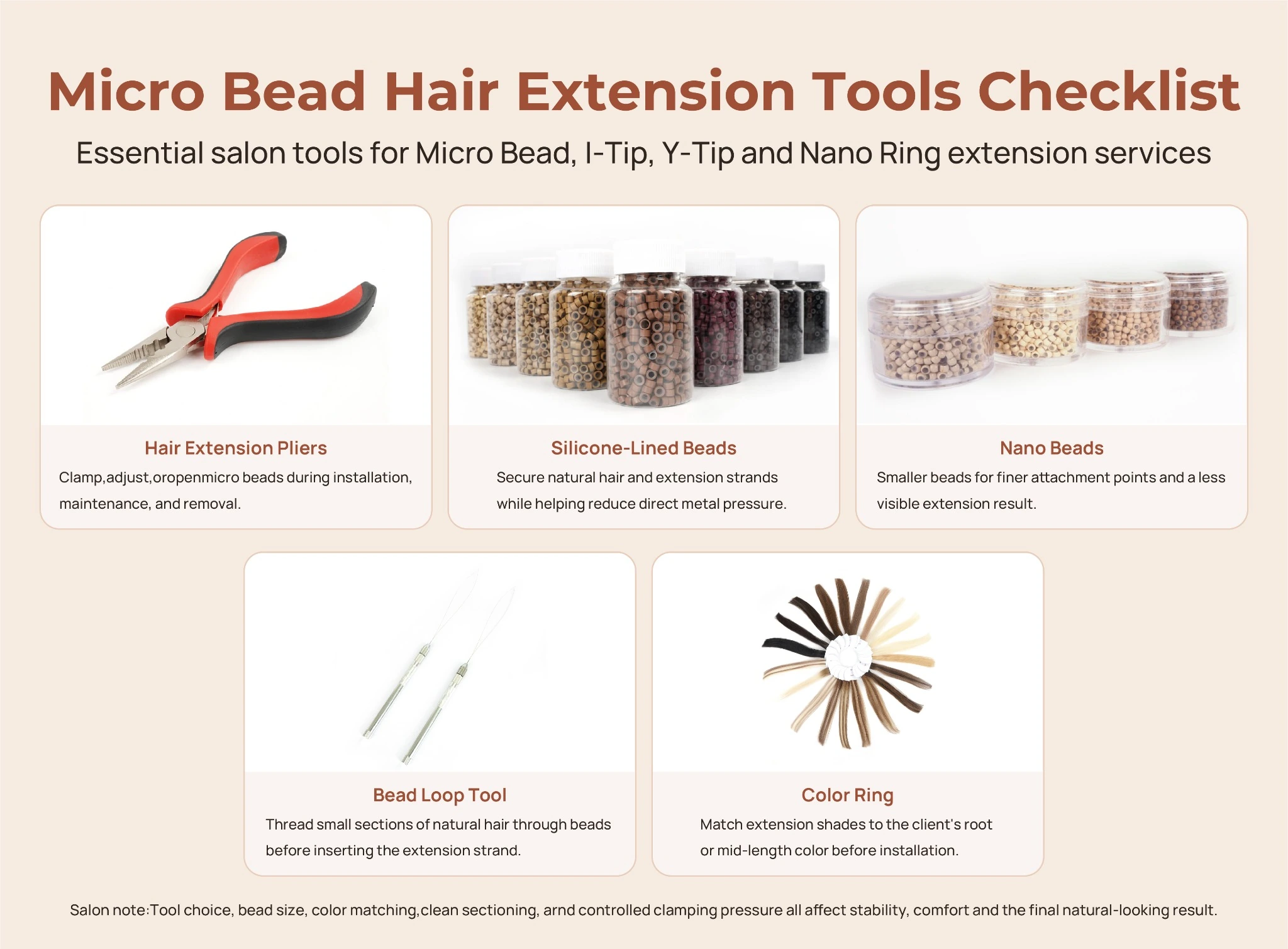 Micro bead hair extension tools checklist for salons showing hair extension pliers, silicone-lined beads, nano beads, bead loop tool, color ring, tail comb & sectioning clips.
