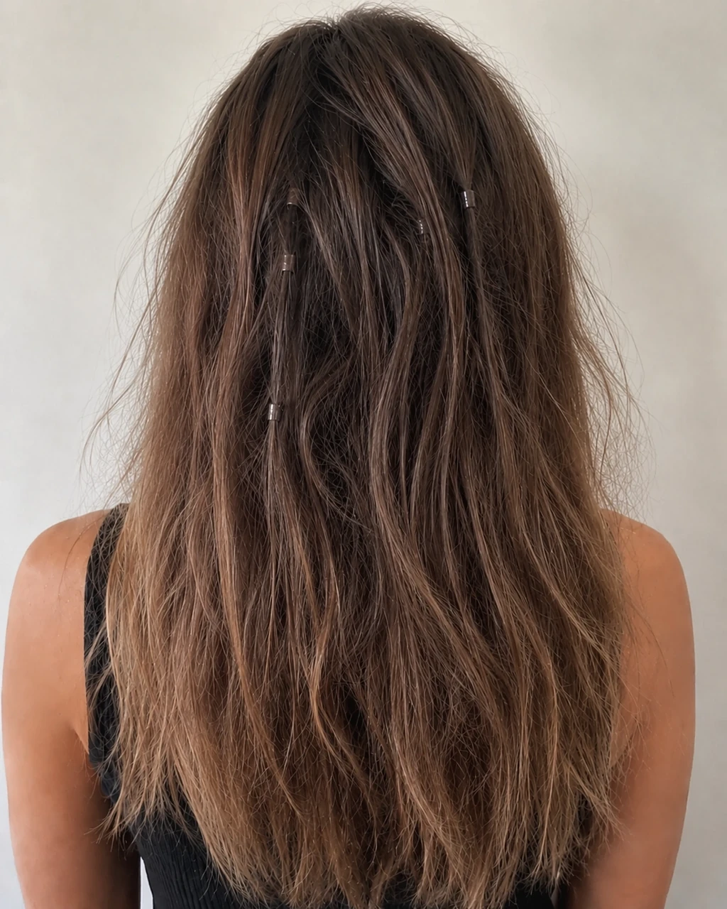 Back view of hair with visible nano rings and loose extension strands, illustrating a possible hair extensions slipping issue.