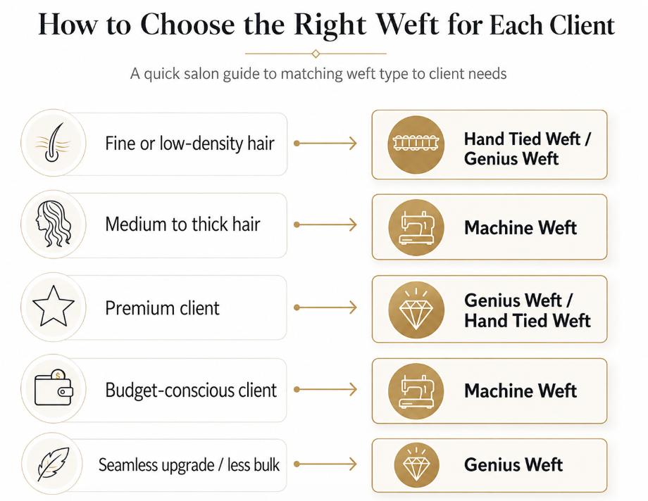 Salon decision guide for choosing weft hair extensions, matching fine hair, thick hair, premium clients, budget-conscious clients, and seamless upgrade needs with Hand Tied Weft, Genius Weft, or Machine Weft.