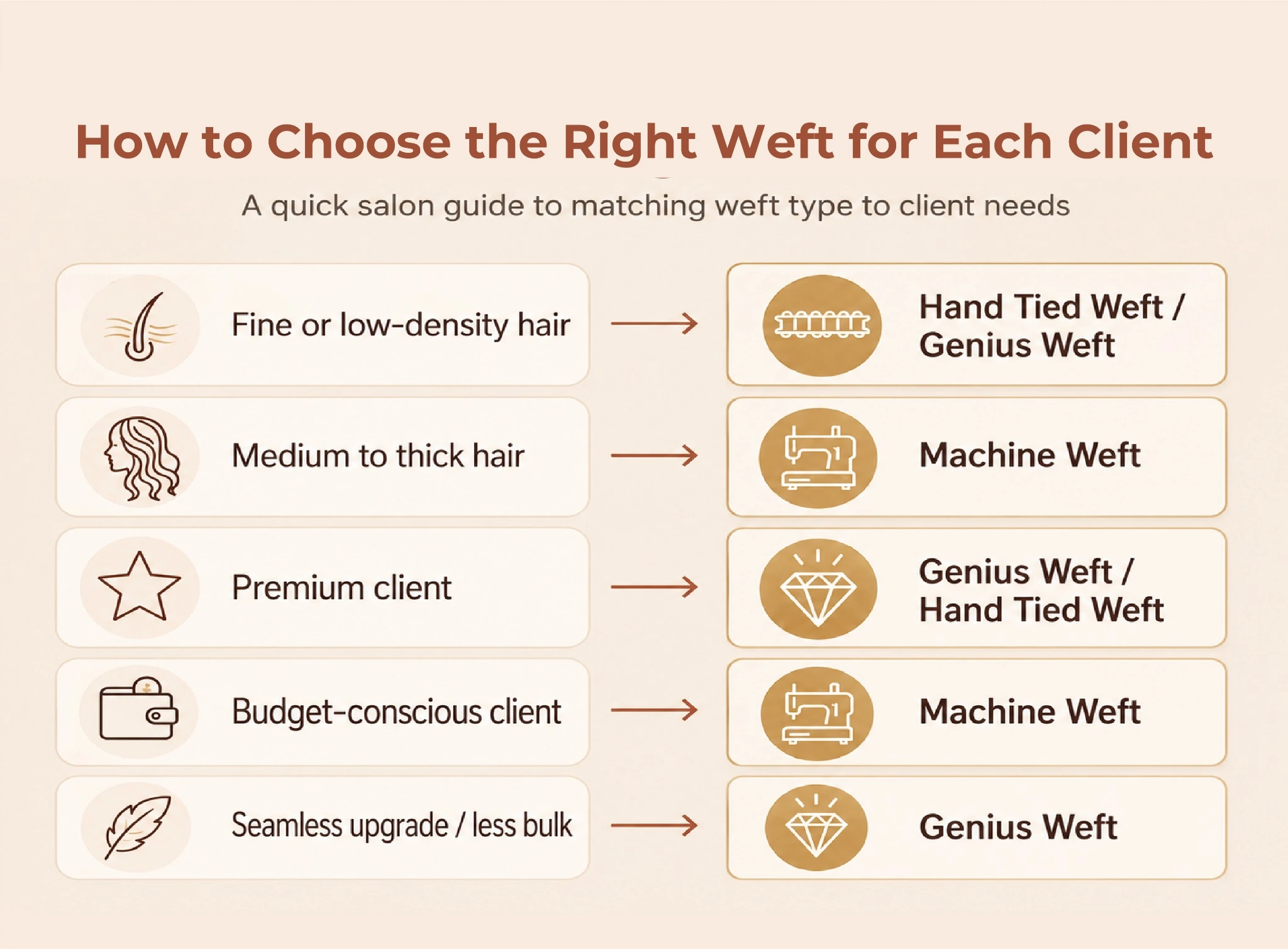 Salon decision guide for choosing weft hair extensions, matching fine hair, thick hair, premium clients, budget-conscious clients, and seamless upgrade needs with Hand Tied Weft, Genius Weft, or Machine Weft.