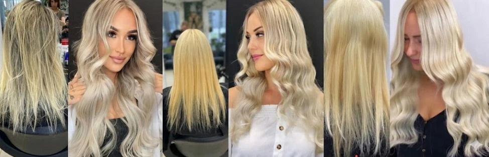 Blonde hair extension before-and-after salon makeovers featuring ESSMEI #1001 Ivory Platinum and #60 Golden Blonde shades for added length and volume.