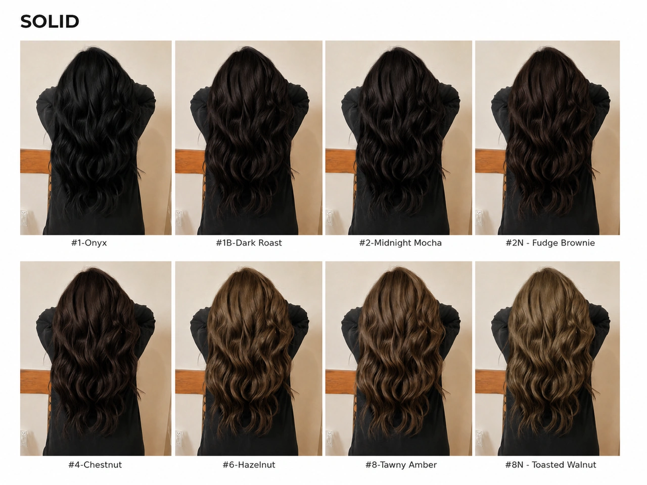 Solid dark hair extensions wearing effect chart showing #1 Onyx, #1B Dark Roast, #2 Midnight Mocha, #2N Fudge Brownie, #4 Chestnut, #6 Hazelnut, #8 Tawny Amber, and #8N Toasted Walnut on long wavy hair for salon color matching.