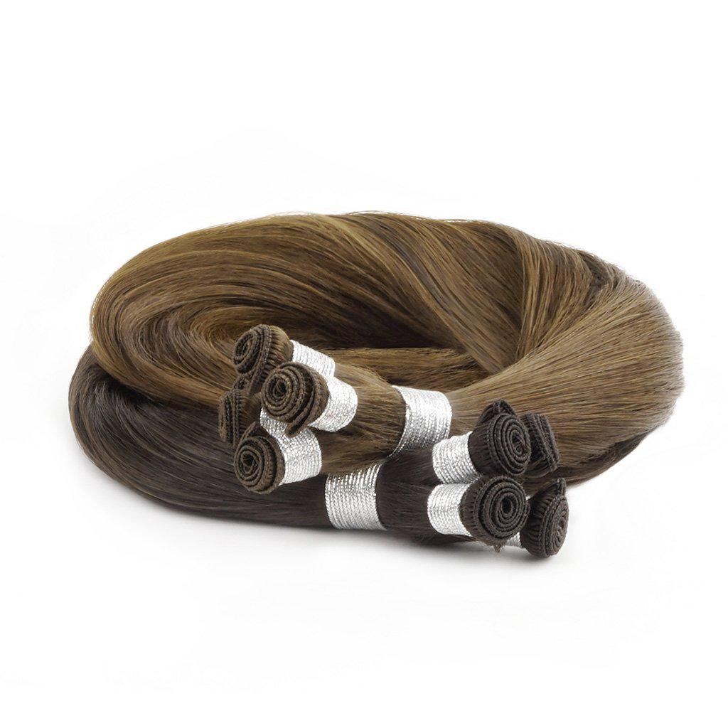 Hand Tied Weft Remy human hair extensions in brown shades for lightweight premium salon services