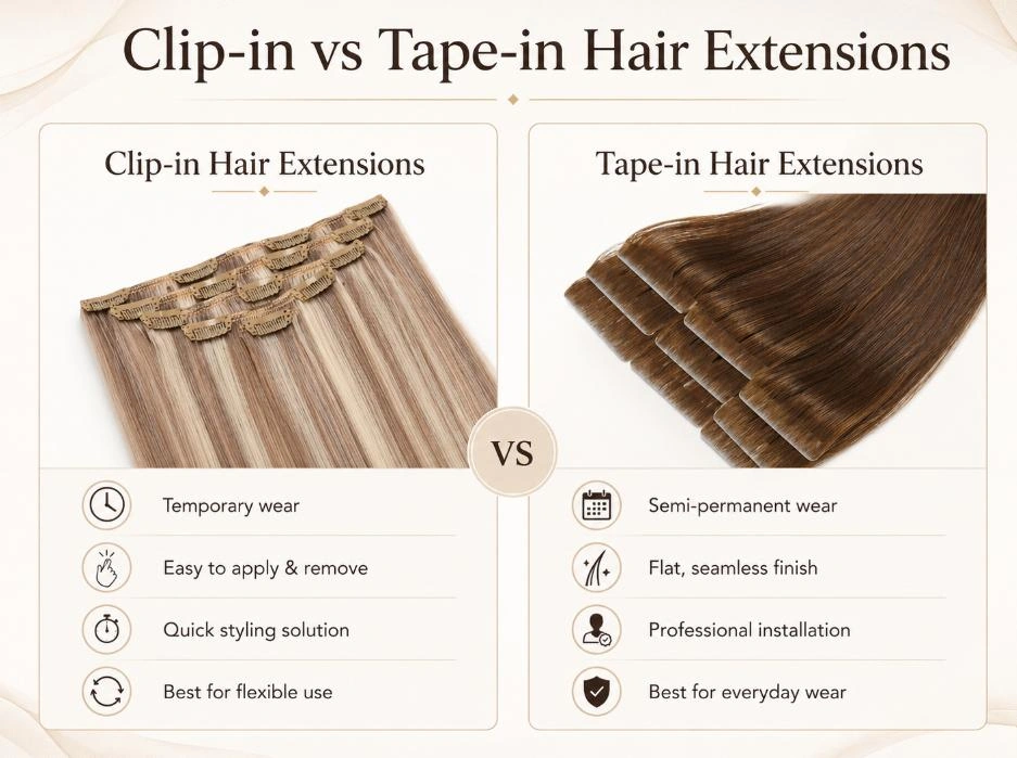 Clip-in and tape-in hair extensions comparison infographic showing key differences in application, wear time, and salon use.