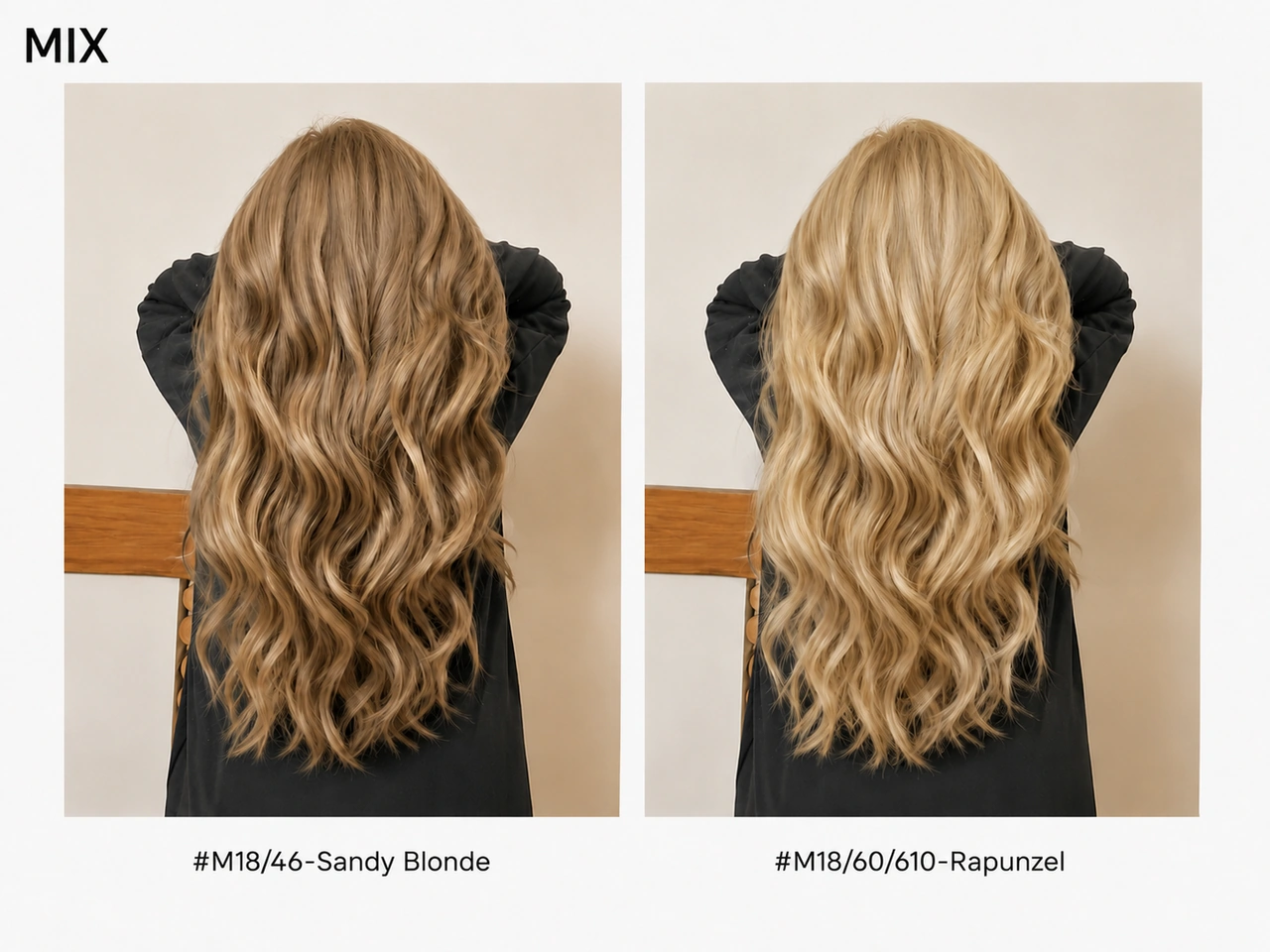 Mix blonde hair extensions wearing effect chart showing #M18/46 Sandy Blonde and #M18/60/610 Rapunzel on long wavy hair for salon color matching.